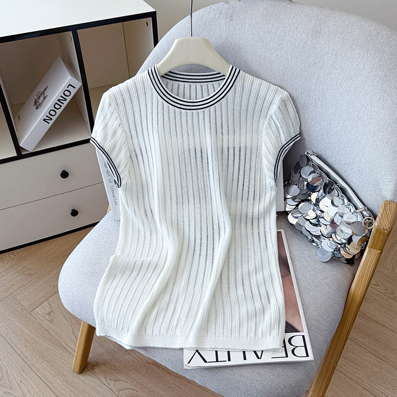 2026 Summer New Contrast Collar Striped Short Sleeve Ice Silk T-Shirt Tencel Linen Knit Top Women