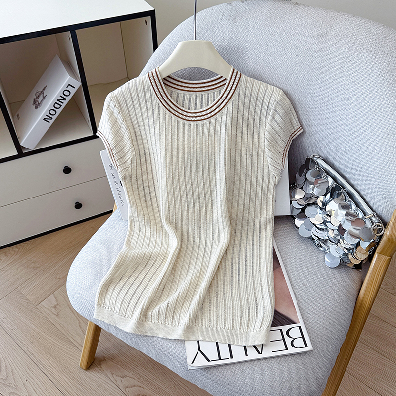 2026 Summer New Contrast Collar Striped Short Sleeve Ice Silk T-Shirt Tencel Linen Knit Top Women - Image 3