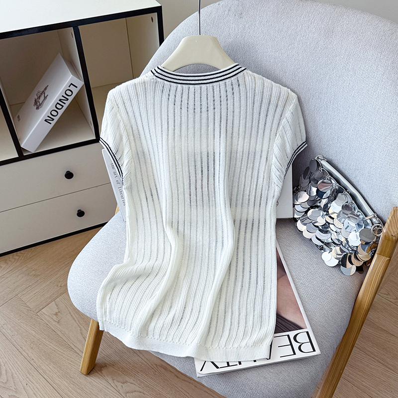 2026 Summer New Contrast Collar Striped Short Sleeve Ice Silk T-Shirt Tencel Linen Knit Top Women - Image 4