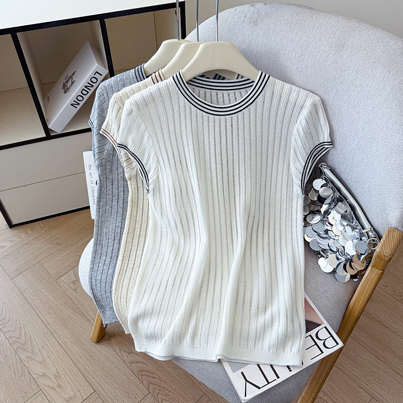 2026 Summer New Contrast Collar Striped Short Sleeve Ice Silk T-Shirt Tencel Linen Knit Top Women - Image 5