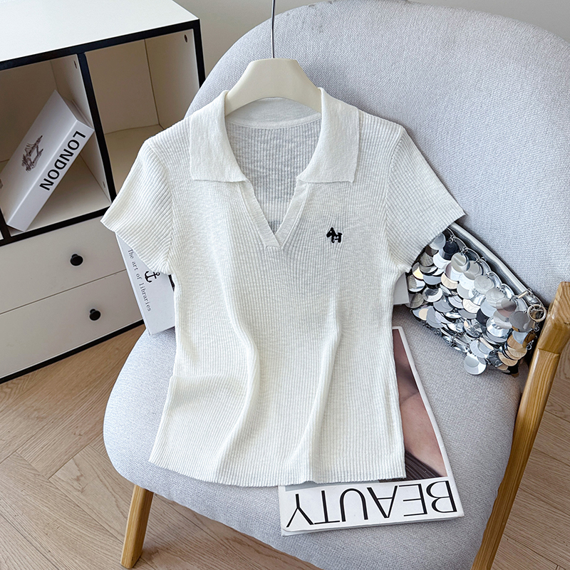 2026 Summer New Polo Collar Half-Open Short Sleeve Striped Ice Silk T-Shirt Tencel Linen Knit Top Women