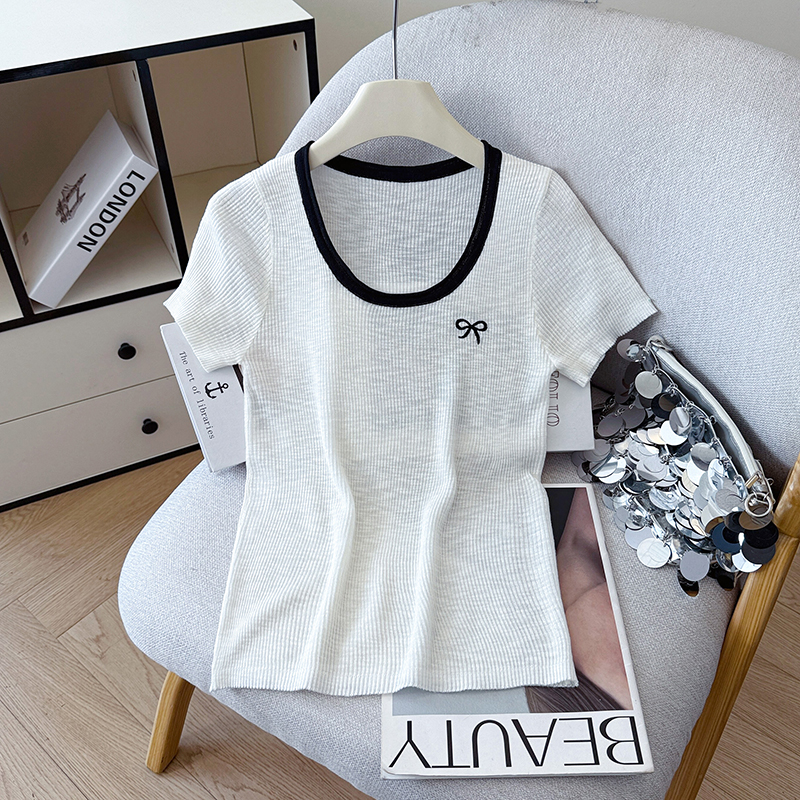2026 Summer New Round Neck Contrast Stitching Short Sleeve Striped Ice Silk T-Shirt Tencel Linen Knit Top Women