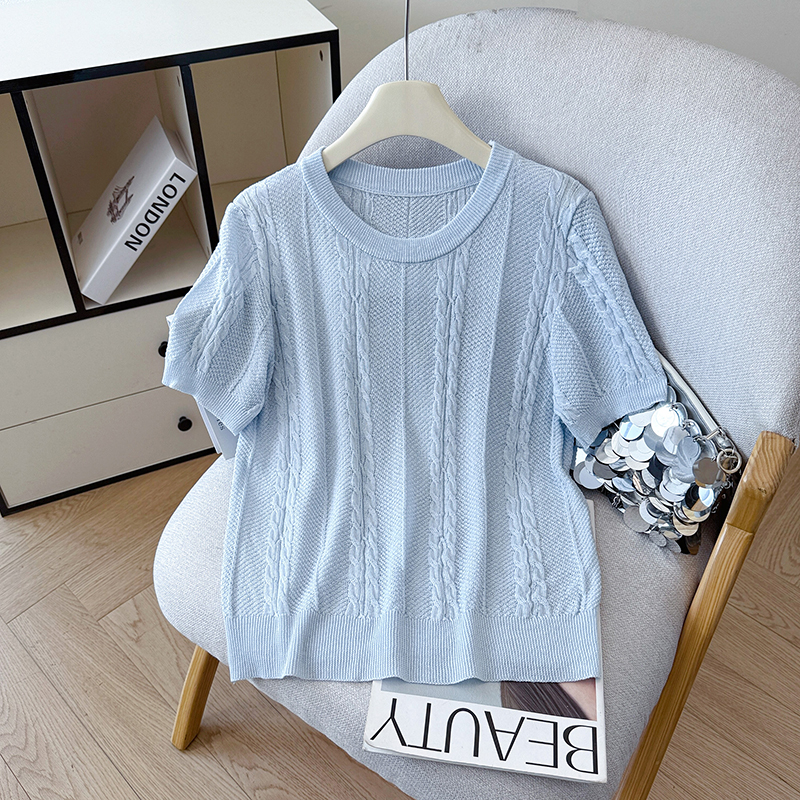 2026 Summer New Round Neck Short Sleeve Design Korean Style Twisted Ice Silk T-Shirt Tencel Linen Knit Top Women