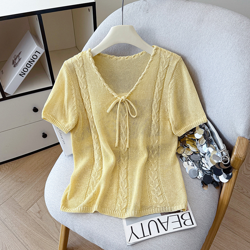 2026 Summer New V-Neck Pullover Cable Knit Tencel Linen Bow Tie Short Sleeve Knit Top for Women