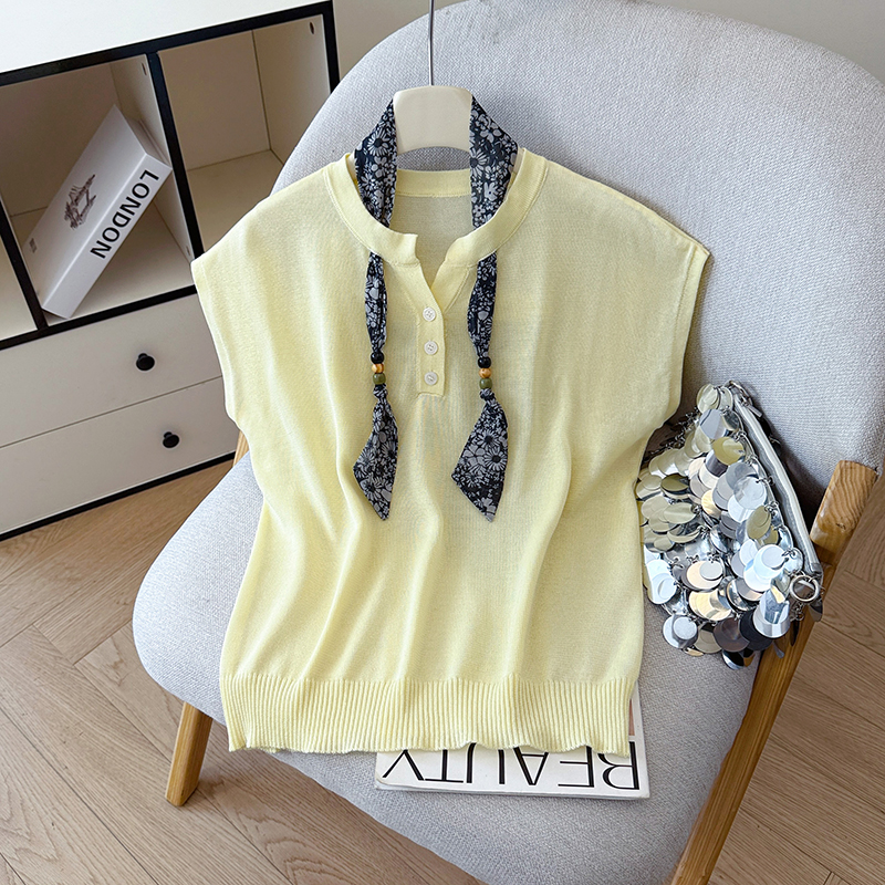 2026 Summer New Versatile Vest Ice Silk T-Shirt Tencel Linen Knit Sleeveless Top Women with Scarf - Image 2