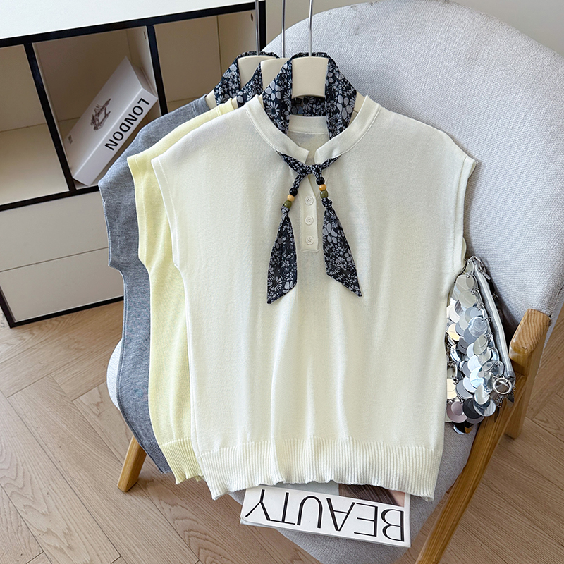 2026 Summer New Versatile Vest Ice Silk T-Shirt Tencel Linen Knit Sleeveless Top Women with Scarf - Image 5