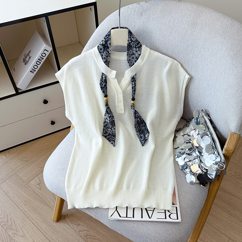 2026 Summer New Versatile Vest Ice Silk T-Shirt Tencel Linen Knit Sleeveless Top Women with Scarf