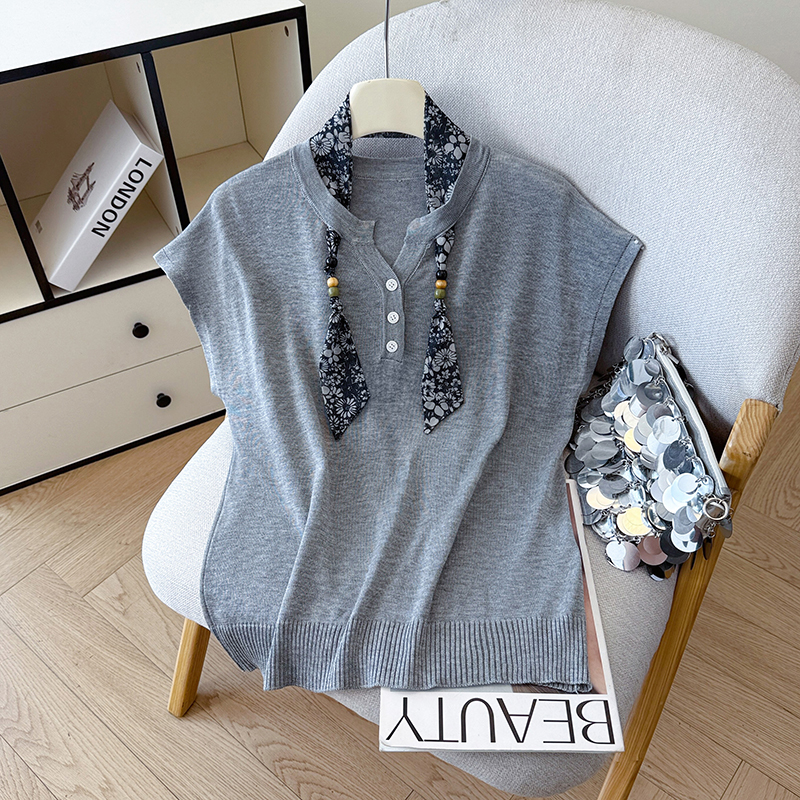 2026 Summer New Versatile Vest Ice Silk T-Shirt Tencel Linen Knit Sleeveless Top Women with Scarf - Image 3