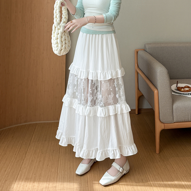 White Mid-Length A-Line Skirt for Women 2026 Spring Summer New Lace Patchwork Ruffle Layered Long Skirt