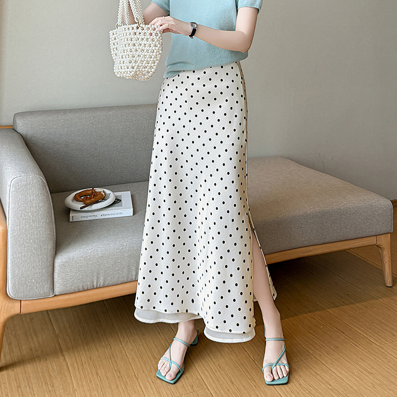 2026 Summer New Polka Dot Acetate French Satin Flowing A-Line Fishtail Skirt for Women