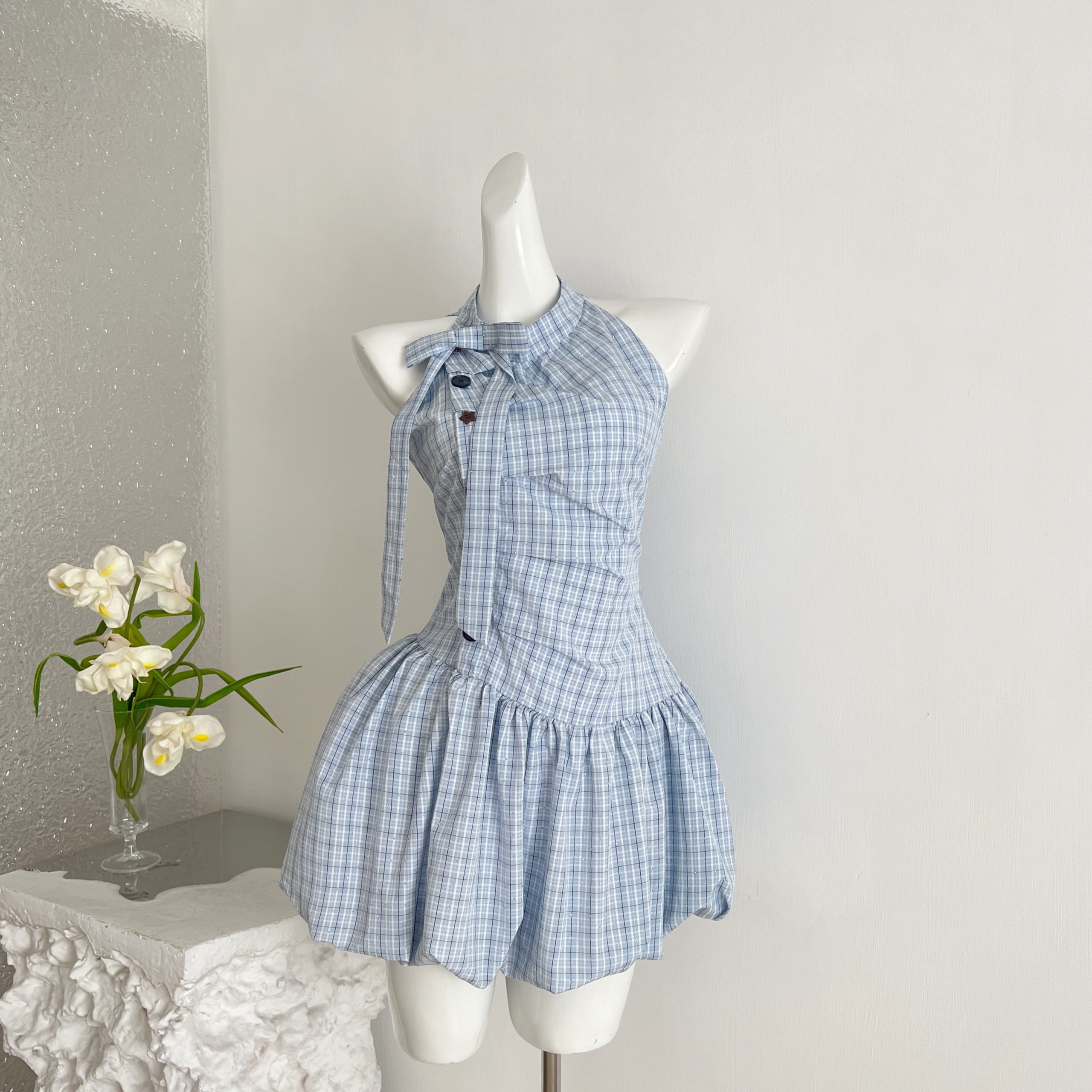 Fabric Pig Ice Blue Milk Floral Sleeveless Dress for Women Summer Bow Mini Skirt