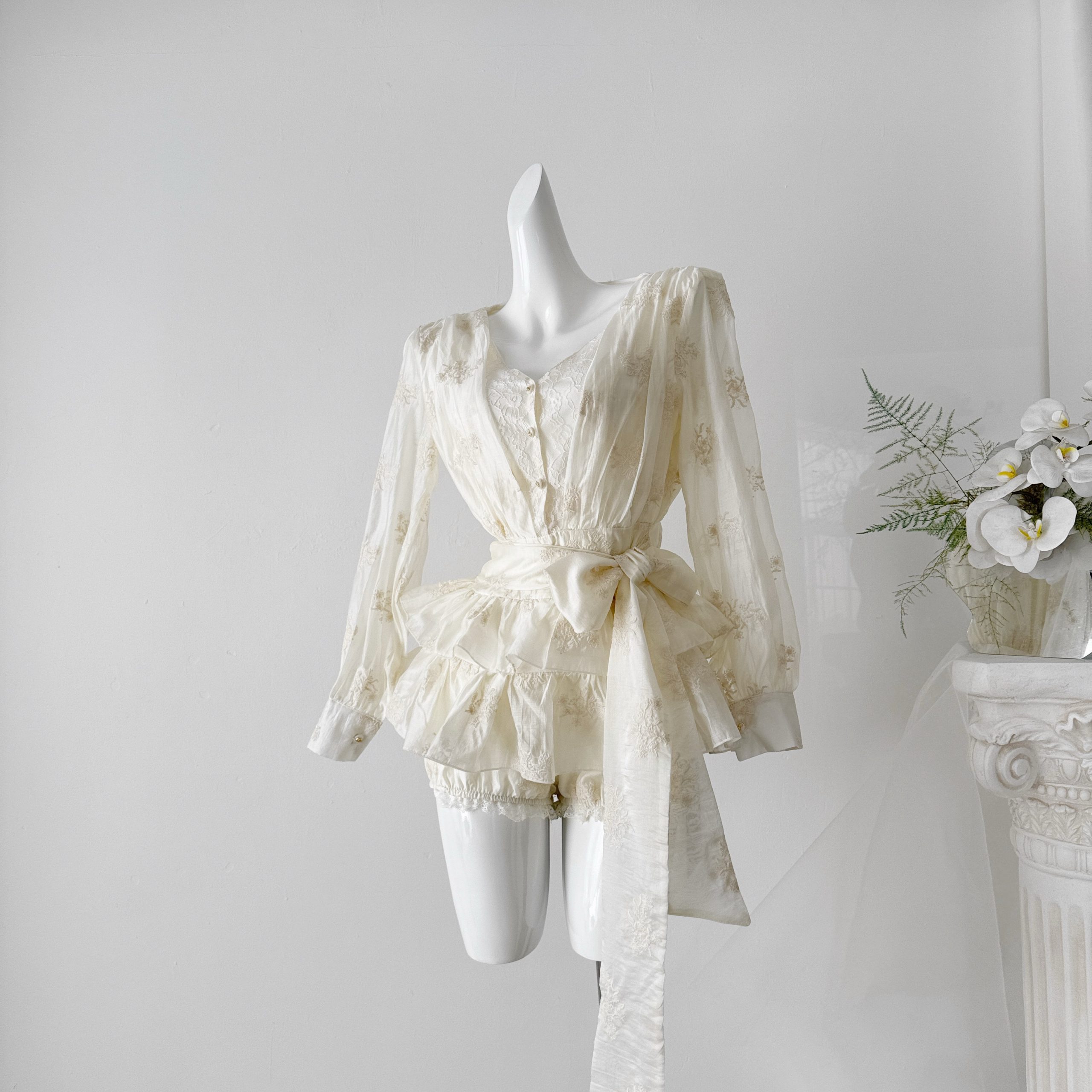 Catyears Soft Weave Sweet Dream Textured Tencel Embroidered Misty Bow Lantern Sleeve Dress