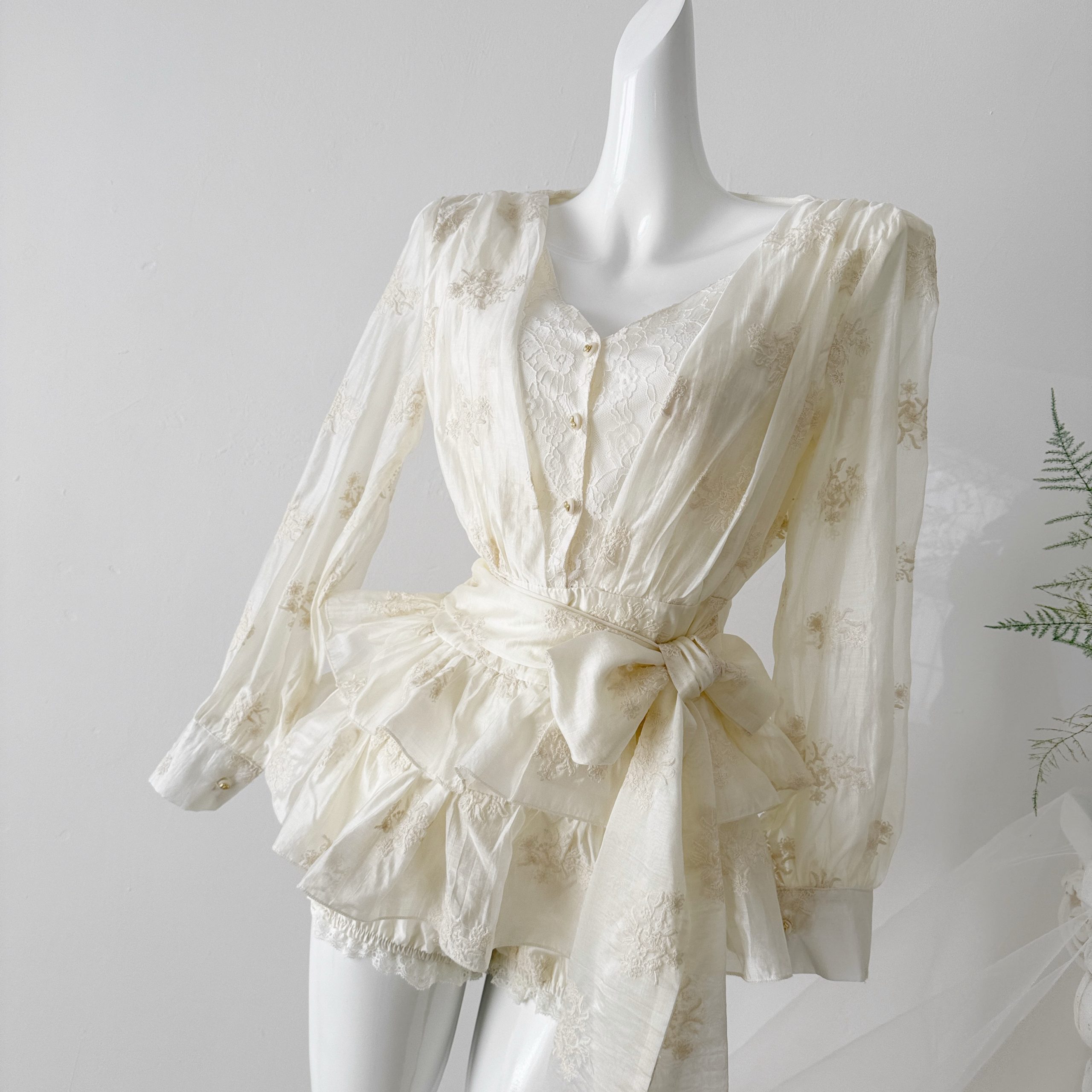 Catyears Soft Weave Sweet Dream Textured Tencel Embroidered Misty Bow Lantern Sleeve Dress - Image 2