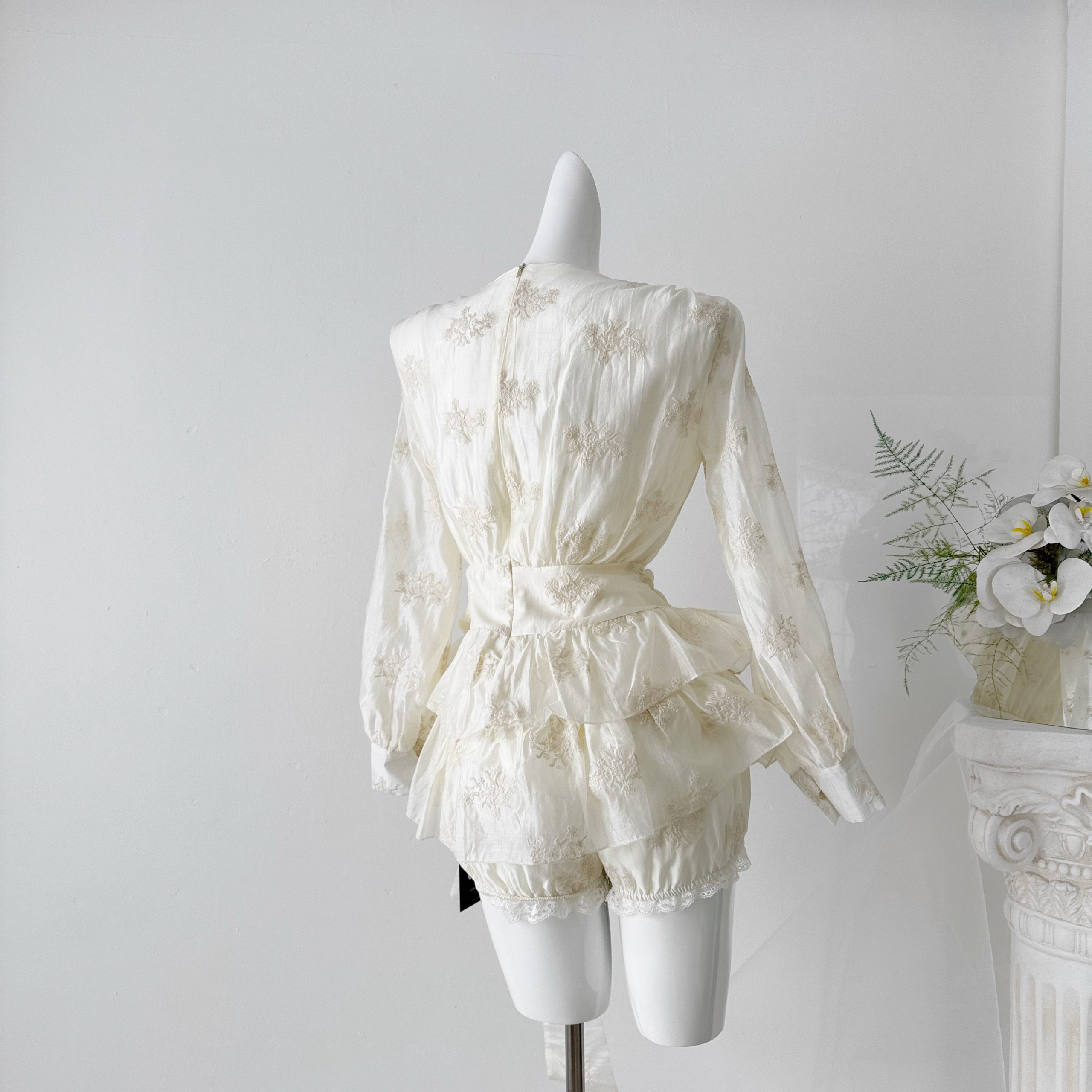 Catyears Soft Weave Sweet Dream Textured Tencel Embroidered Misty Bow Lantern Sleeve Dress - Image 3