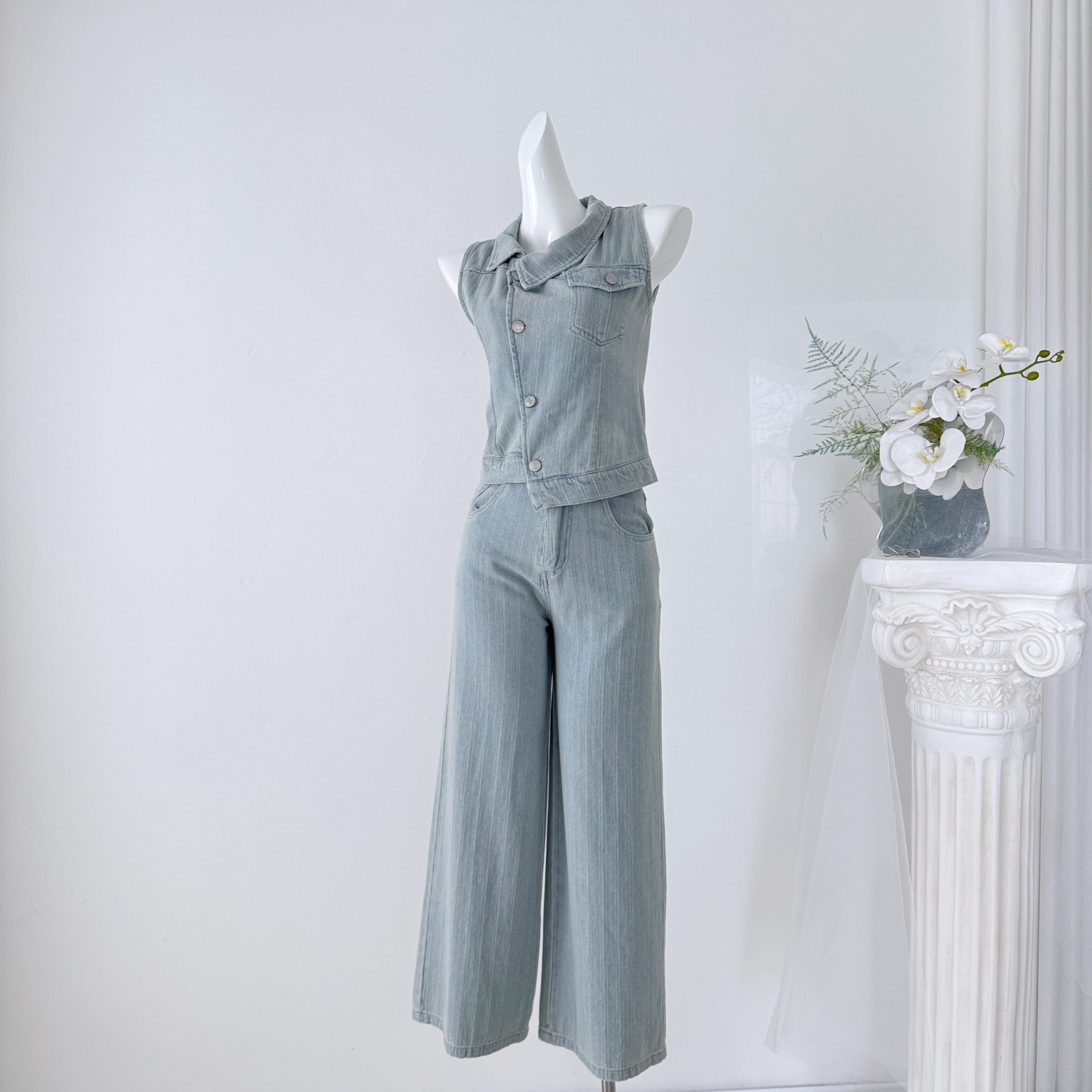 Barbchill Women's Summer Enzyme Washed Denim Two-Piece Set with Vest and Wide-Leg Pants
